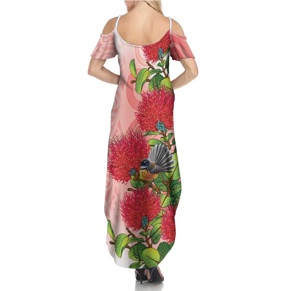 New Zealand Fantail Summer Maxi Dress Maori Koru With Pohutukawa Flowers LT05 - Polynesian Pride