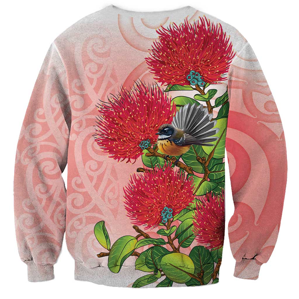 New Zealand Fantail Sweatshirt Maori Koru With Pohutukawa Flowers LT05 - Polynesian Pride