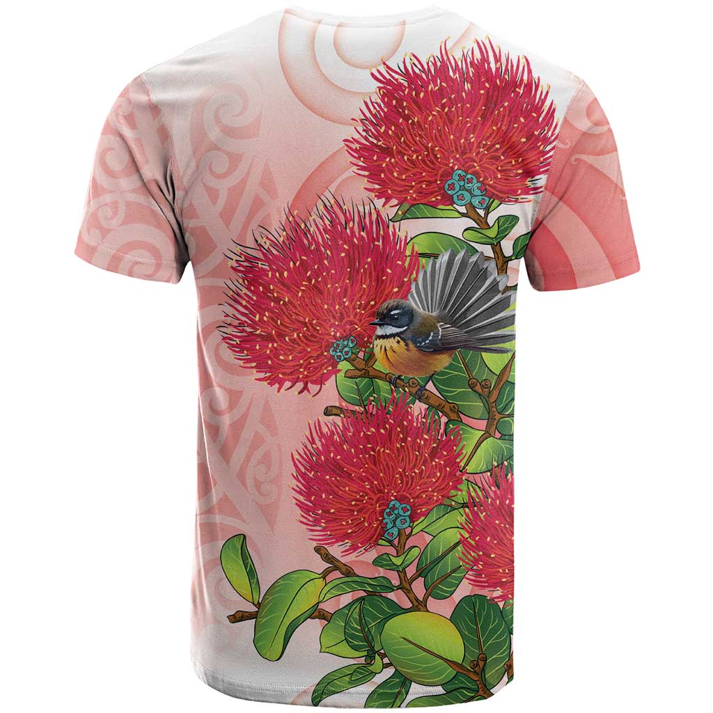 New Zealand Fantail T Shirt Maori Koru With Pohutukawa Flowers LT05 - Polynesian Pride