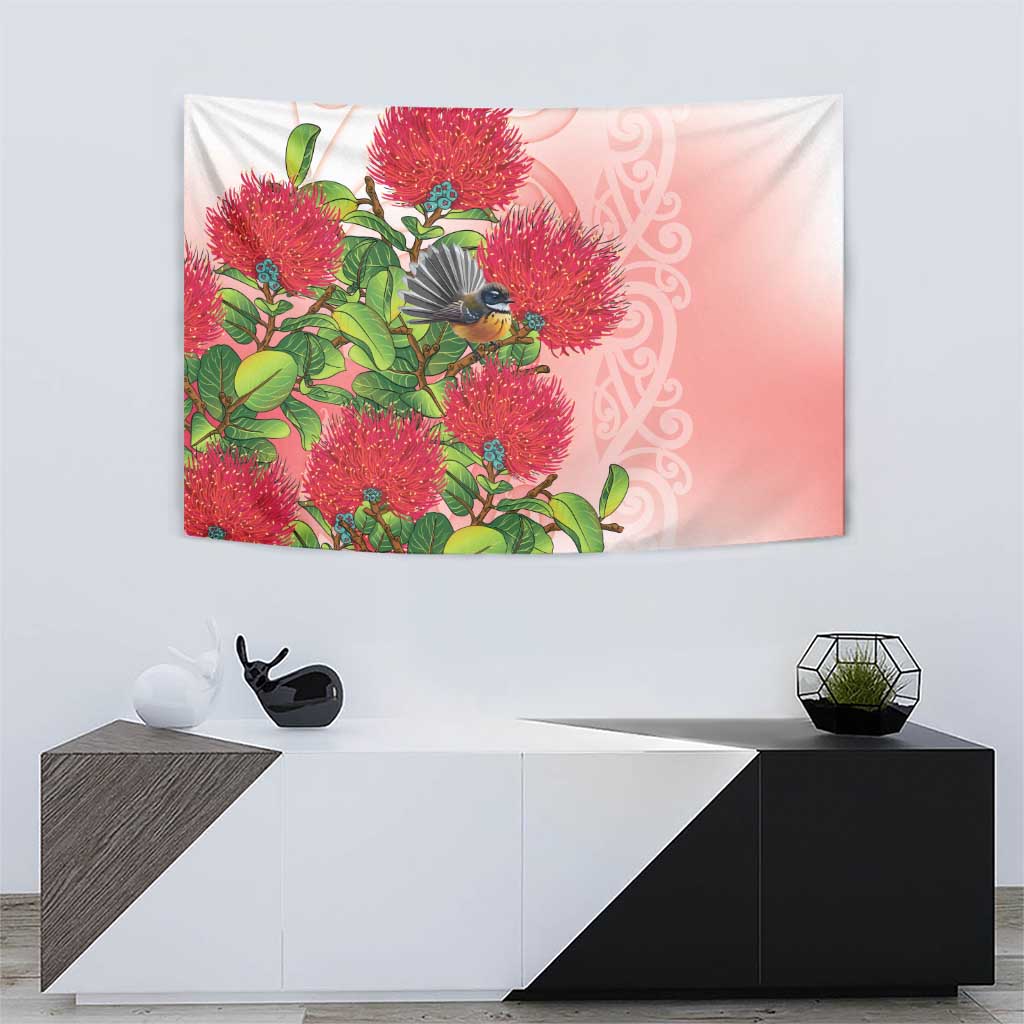 New Zealand Fantail Tapestry Maori Koru With Pohutukawa Flowers - Polynesian Pride