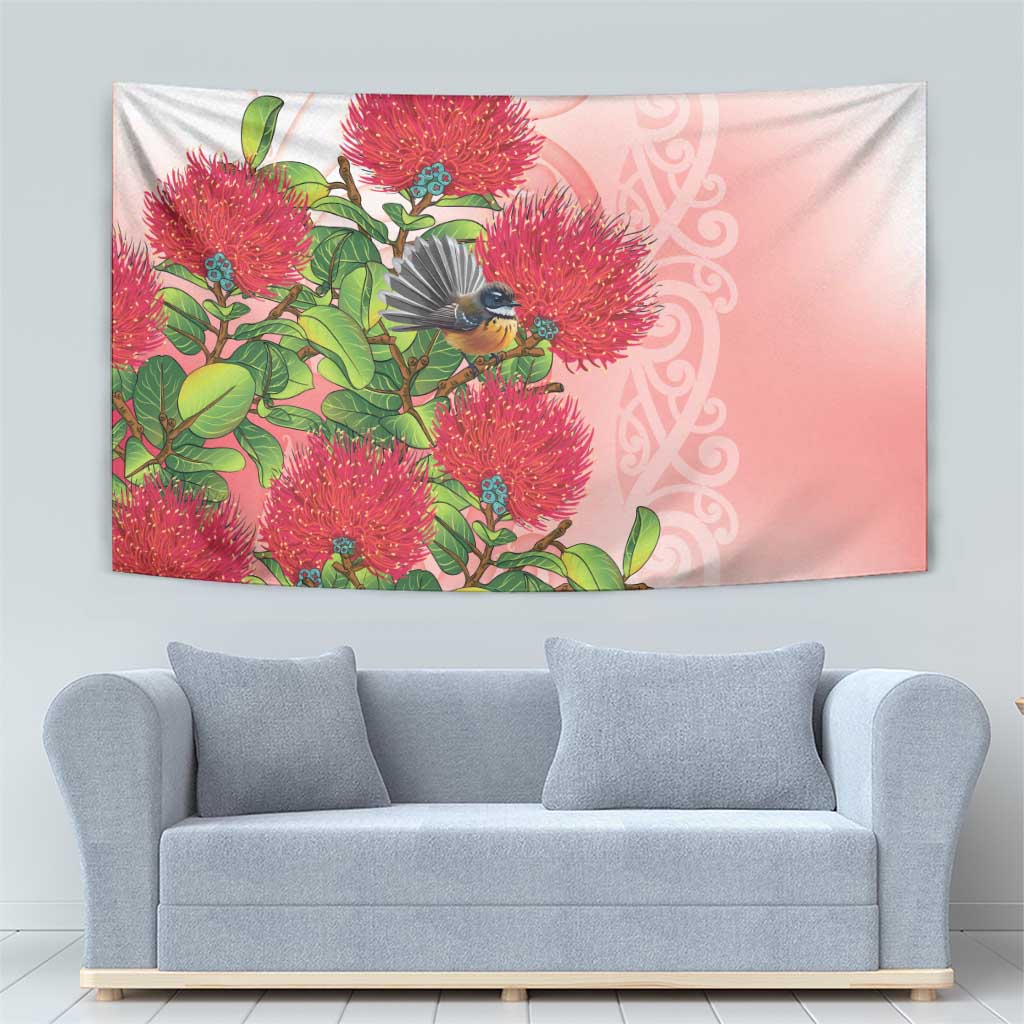 New Zealand Fantail Tapestry Maori Koru With Pohutukawa Flowers - Polynesian Pride