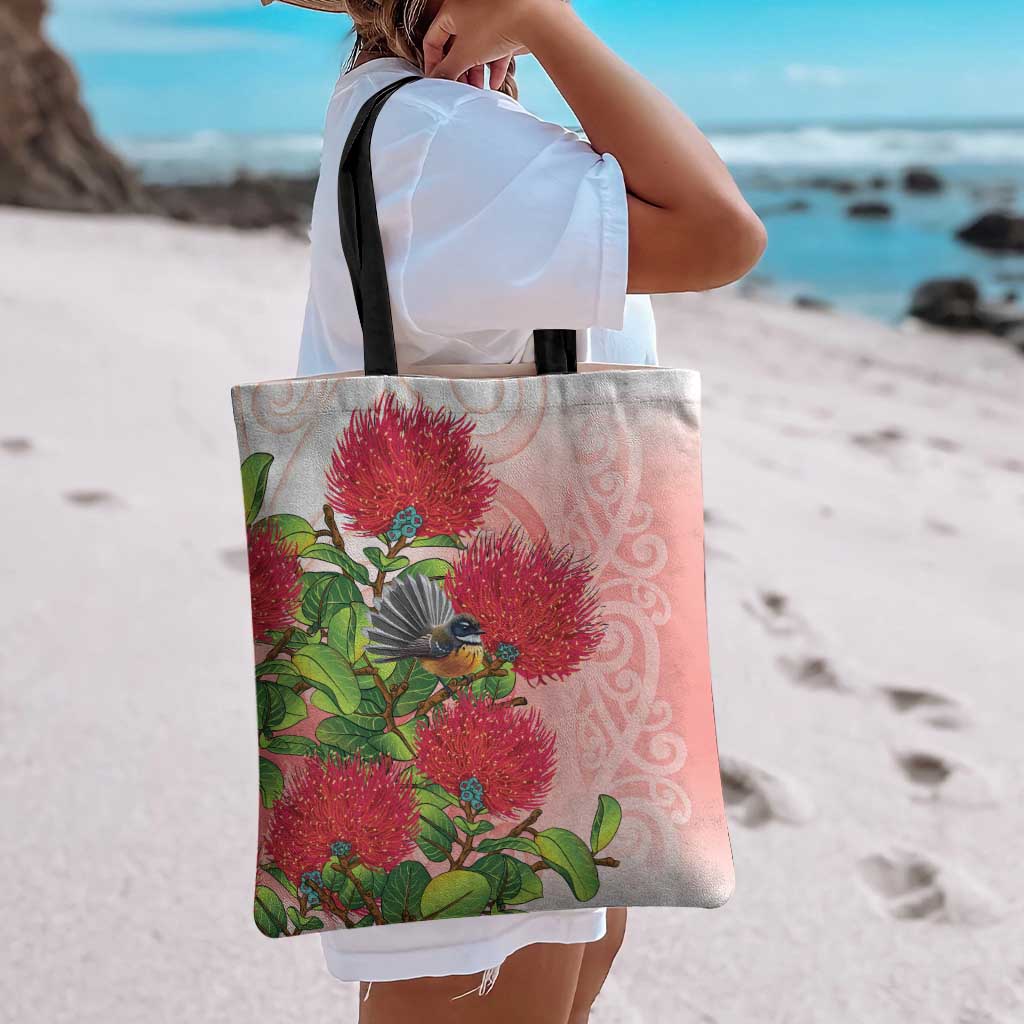 New Zealand Fantail Tote Bag Maori Koru With Pohutukawa Flowers LT05 - Polynesian Pride