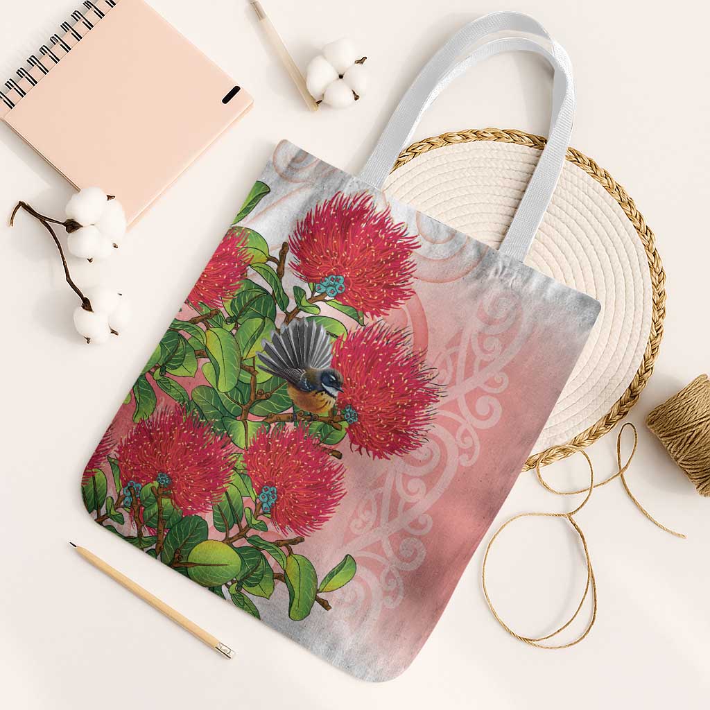 New Zealand Fantail Tote Bag Maori Koru With Pohutukawa Flowers LT05 White Strap One Size Red - Polynesian Pride