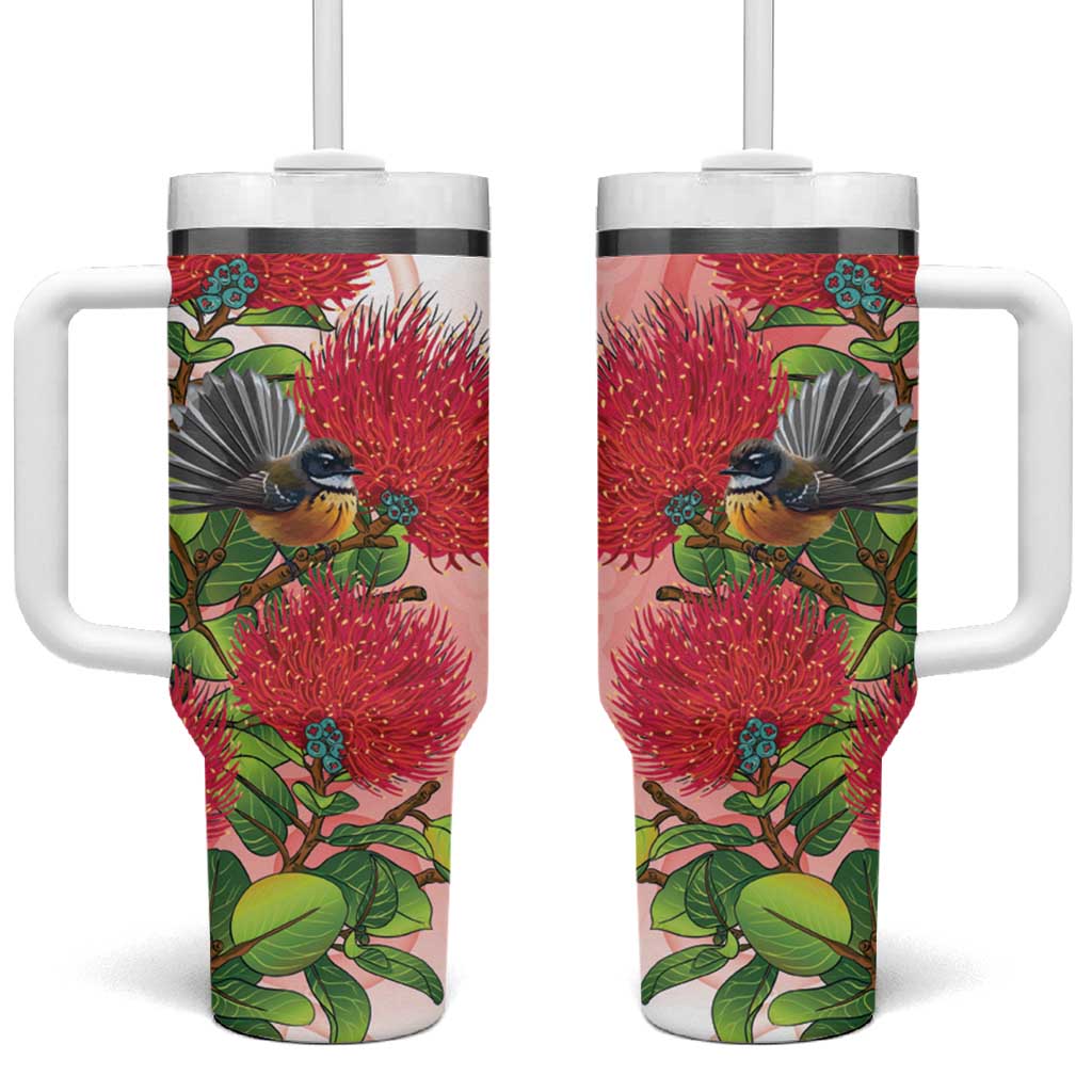 New Zealand Fantail Tumbler With Handle Maori Koru With Pohutukawa Flowers LT05 One Size: 40 oz Red - Polynesian Pride