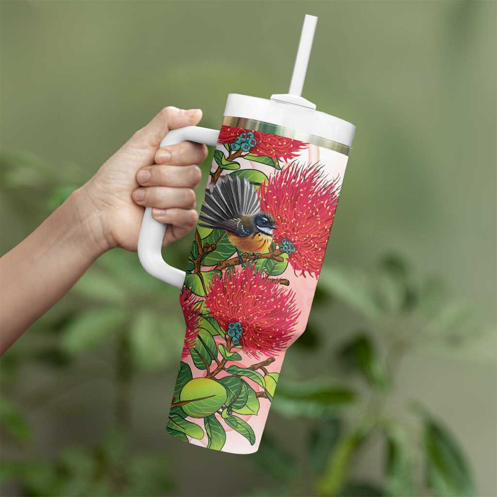 New Zealand Fantail Tumbler With Handle Maori Koru With Pohutukawa Flowers LT05 - Polynesian Pride