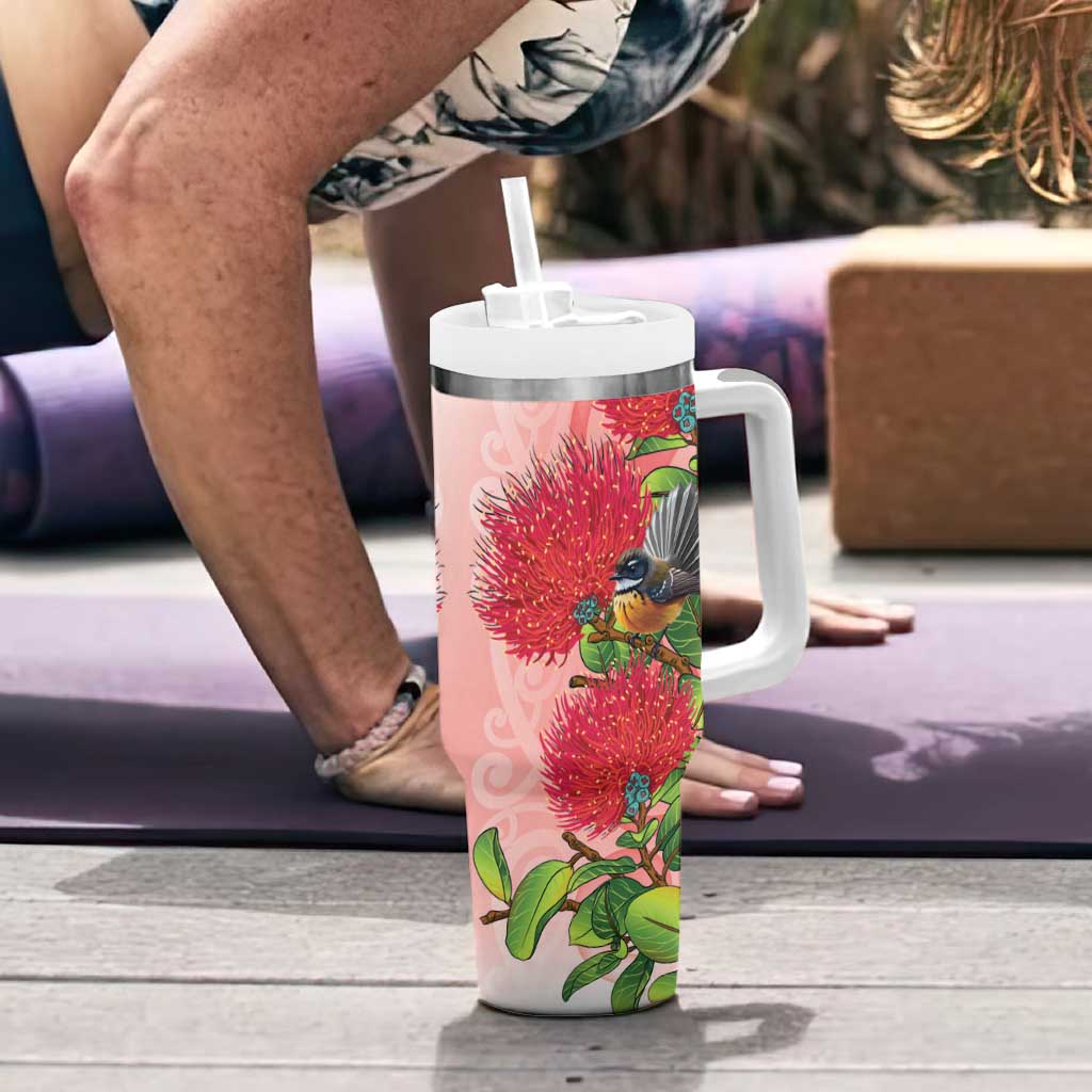 New Zealand Fantail Tumbler With Handle Maori Koru With Pohutukawa Flowers LT05 - Polynesian Pride
