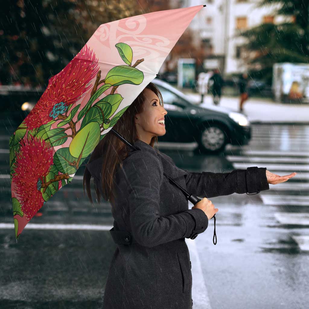 New Zealand Fantail Umbrella Maori Koru With Pohutukawa Flowers LT05 - Polynesian Pride
