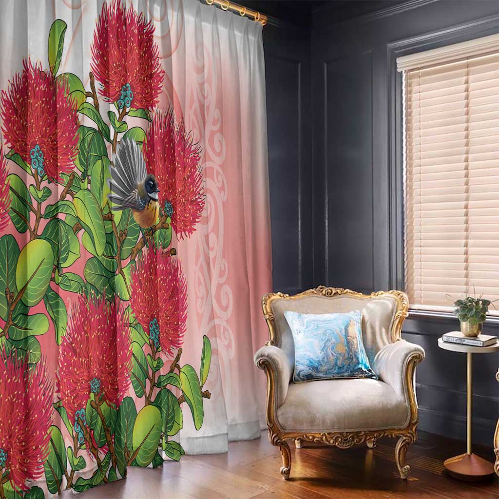 New Zealand Fantail Window Curtain Maori Koru With Pohutukawa Flowers LT05 - Polynesian Pride