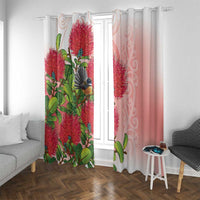New Zealand Fantail Window Curtain Maori Koru With Pohutukawa Flowers LT05 With Grommets Red - Polynesian Pride