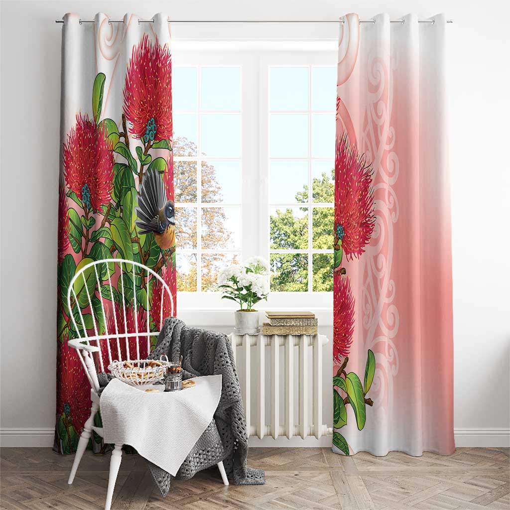 New Zealand Fantail Window Curtain Maori Koru With Pohutukawa Flowers LT05 - Polynesian Pride