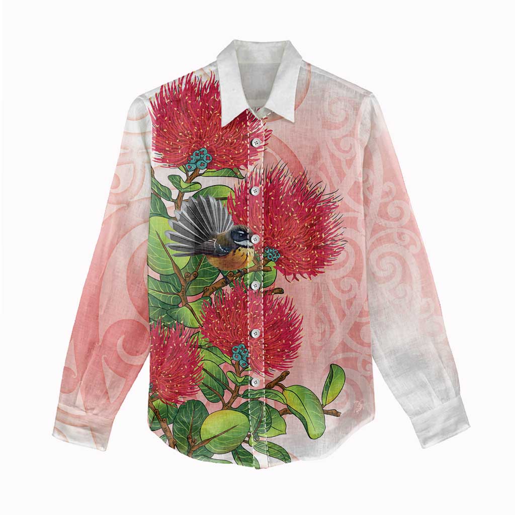 New Zealand Fantail Women Casual Shirt Maori Koru With Pohutukawa Flowers LT05 - Polynesian Pride