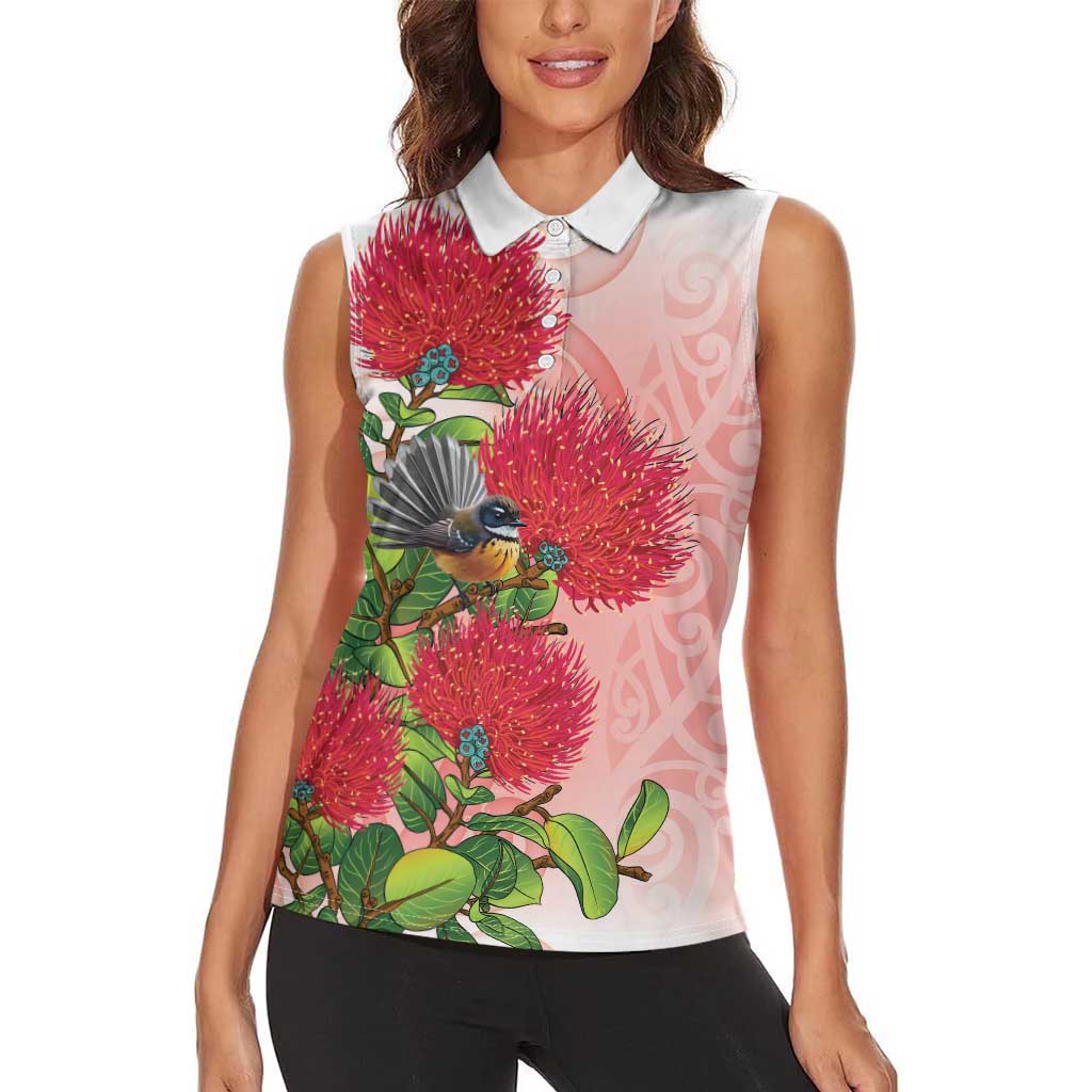 New Zealand Fantail Women Sleeveless Polo Shirt Maori Koru With Pohutukawa Flowers LT05 - Polynesian Pride