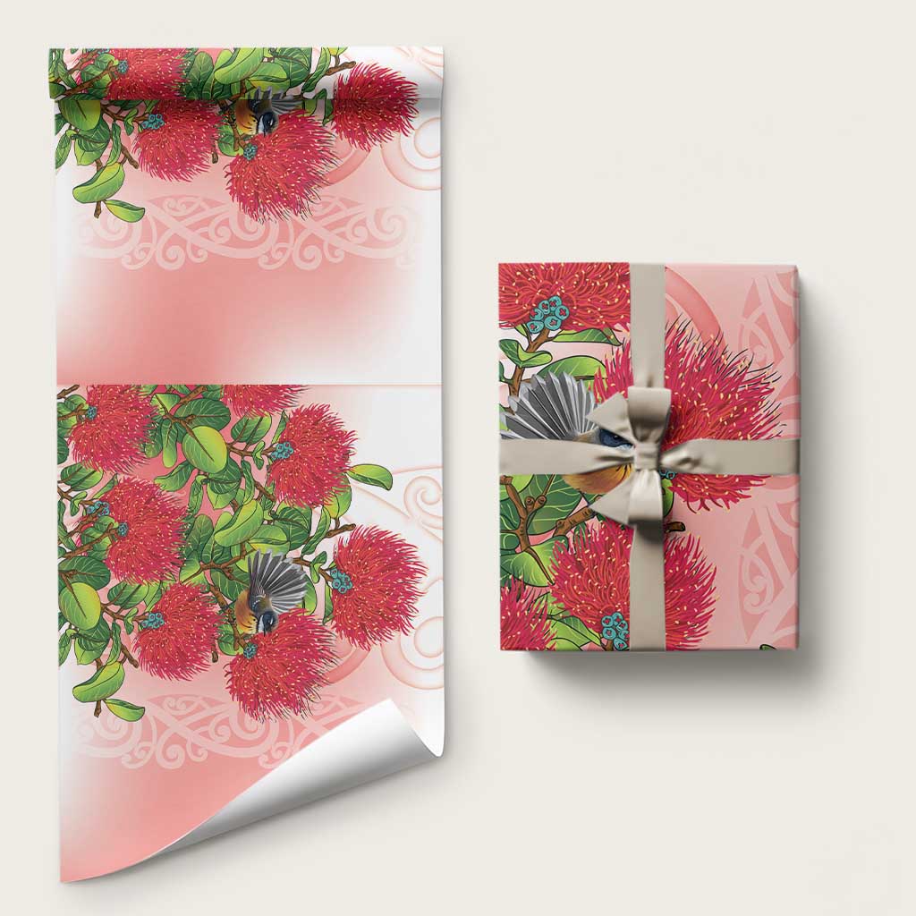 New Zealand Fantail Wrapping Paper Maori Koru With Pohutukawa Flowers LT05 58" × 23" Red - Polynesian Pride