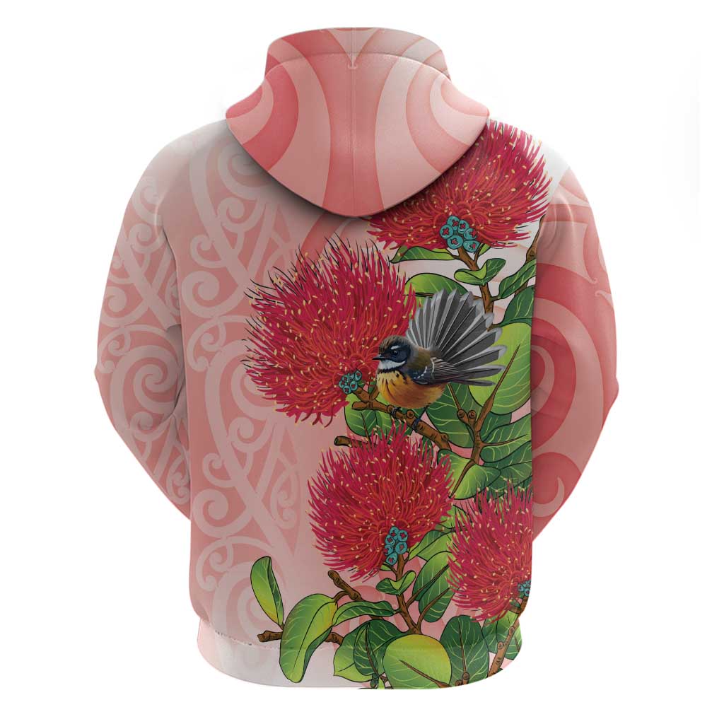 New Zealand Fantail Zip Hoodie Maori Koru With Pohutukawa Flowers LT05 - Polynesian Pride