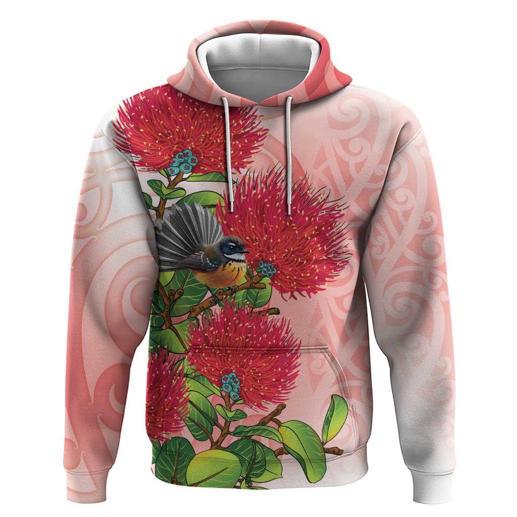 New Zealand Fantail Zip Hoodie Maori Koru With Pohutukawa Flowers LT05 Pullover Hoodie Red - Polynesian Pride