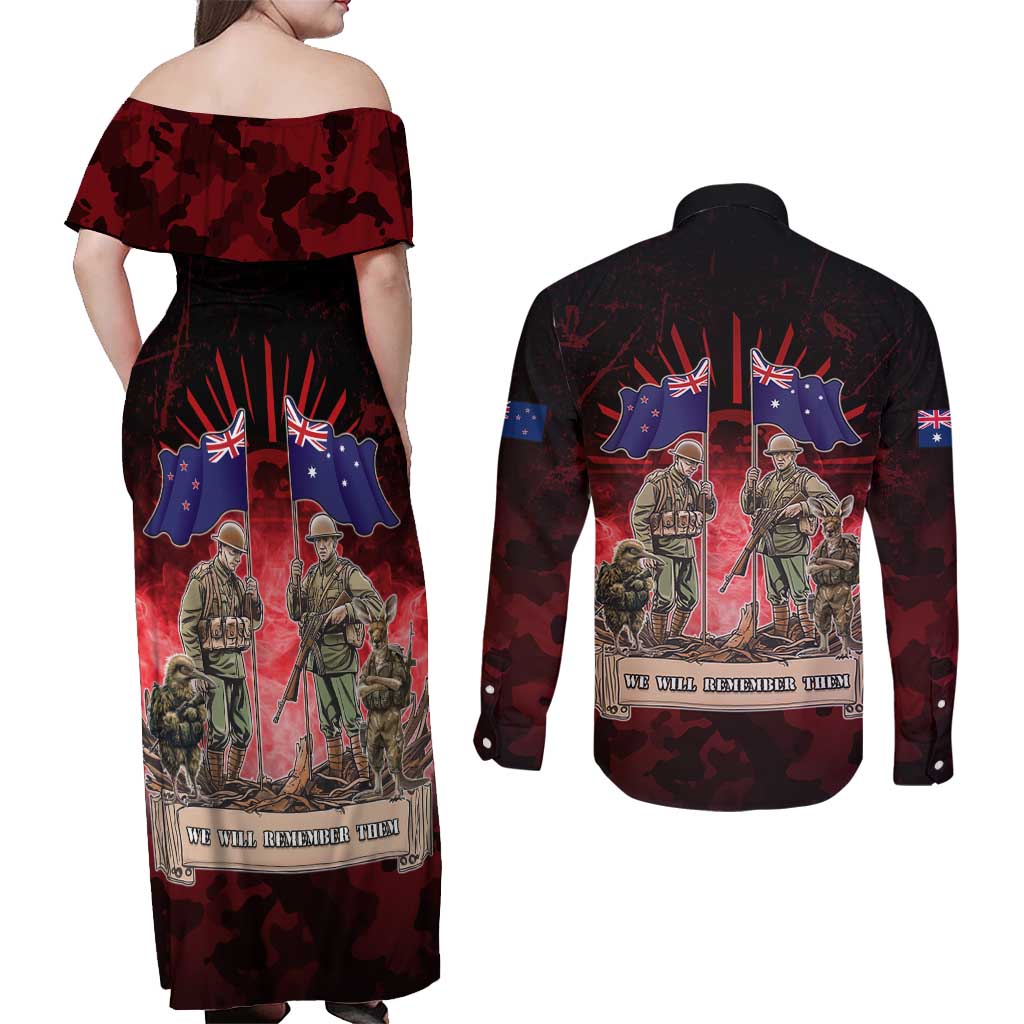 Australia And New Zealand ANZAC Day Couples Matching Off Shoulder Maxi Dress and Long Sleeve Button Shirt Soldiers Lest We Forget LT05 - Polynesian Pride