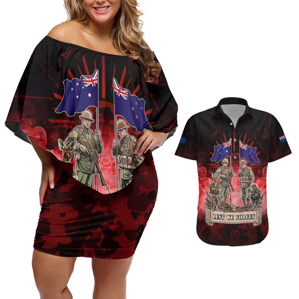 Australia And New Zealand ANZAC Day Couples Matching Off Shoulder Short Dress and Hawaiian Shirt Soldiers Lest We Forget
