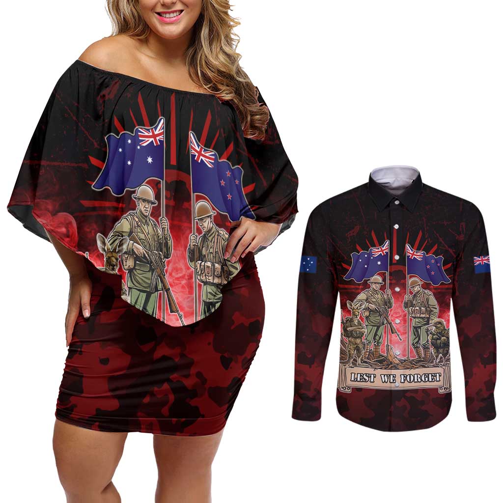Australia And New Zealand ANZAC Day Couples Matching Off Shoulder Short Dress and Long Sleeve Button Shirt Soldiers Lest We Forget LT05 Red - Polynesian Pride