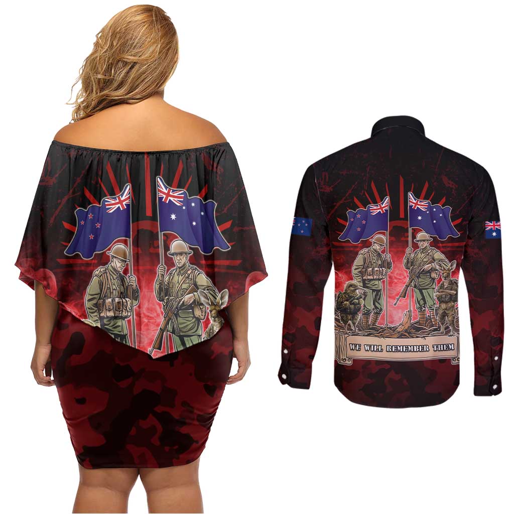 Australia And New Zealand ANZAC Day Couples Matching Off Shoulder Short Dress and Long Sleeve Button Shirt Soldiers Lest We Forget LT05 - Polynesian Pride
