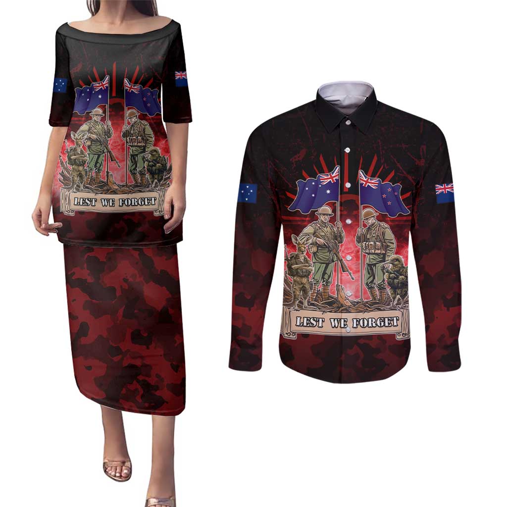 Australia And New Zealand ANZAC Day Couples Matching Puletasi and Long Sleeve Button Shirt Soldiers Lest We Forget LT05 Red - Polynesian Pride