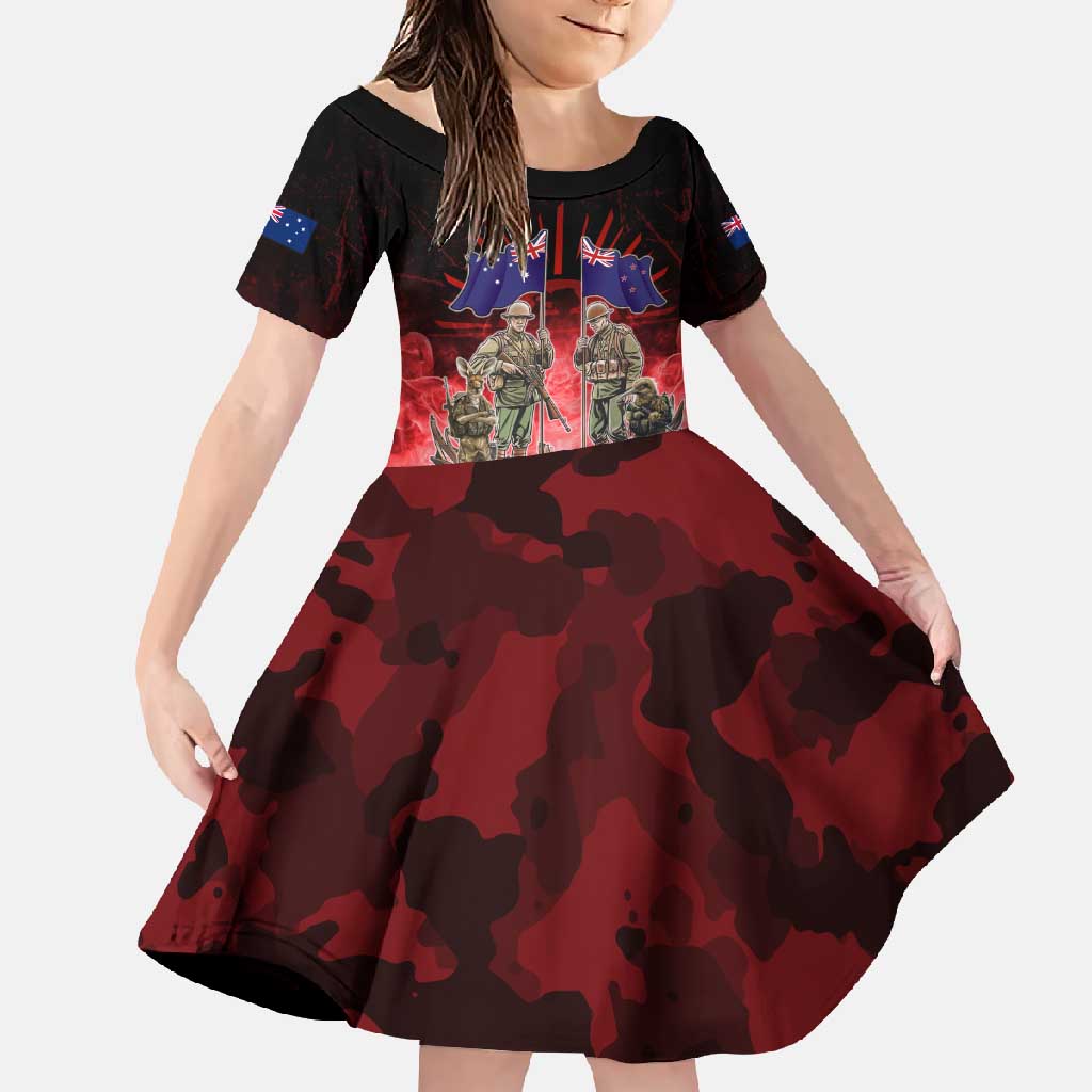 Australia And New Zealand ANZAC Day Family Matching Long Sleeve Bodycon Dress and Hawaiian Shirt Soldiers Lest We Forget LT05 Daughter's Dress Red - Polynesian Pride