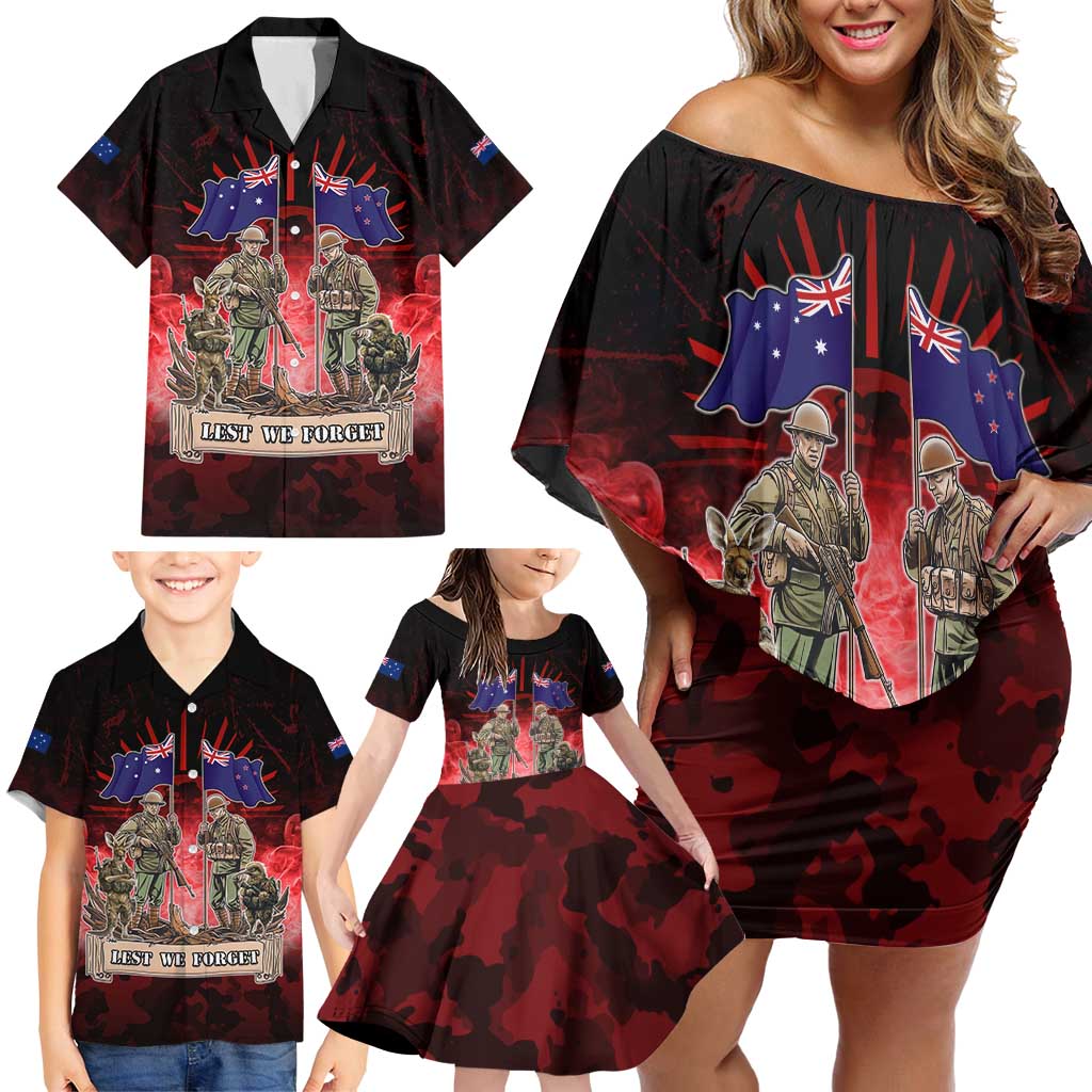 Australia And New Zealand ANZAC Day Family Matching Off Shoulder Short Dress and Hawaiian Shirt Soldiers Lest We Forget LT05 - Polynesian Pride
