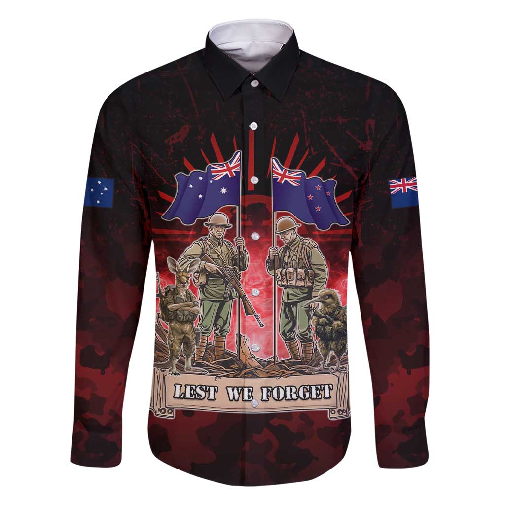 Australia And New Zealand ANZAC Day Family Matching Short Sleeve Bodycon Dress and Hawaiian Shirt Soldiers Lest We Forget LT05 Dad's Shirt - Long Sleeve Red - Polynesian Pride
