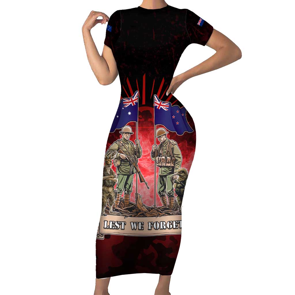Australia And New Zealand ANZAC Day Family Matching Short Sleeve Bodycon Dress and Hawaiian Shirt Soldiers Lest We Forget LT05 Mom's Dress Red - Polynesian Pride