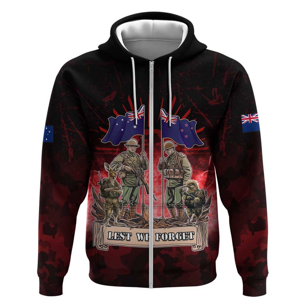 Australia And New Zealand ANZAC Day Hoodie Soldiers Lest We Forget LT05 Zip Hoodie Red - Polynesian Pride