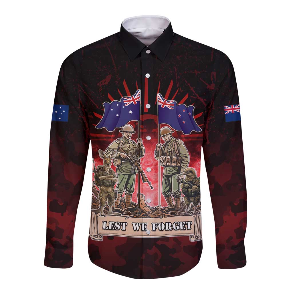 Australia And New Zealand ANZAC Day Long Sleeve Button Shirt Soldiers Lest We Forget LT05 Unisex Red - Polynesian Pride
