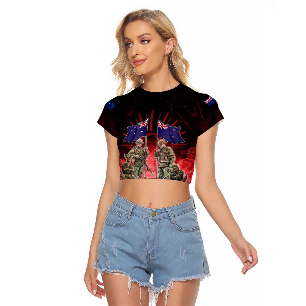Australia And New Zealand ANZAC Day Raglan Cropped T Shirt Soldiers Lest We Forget LT05 Female Red - Polynesian Pride