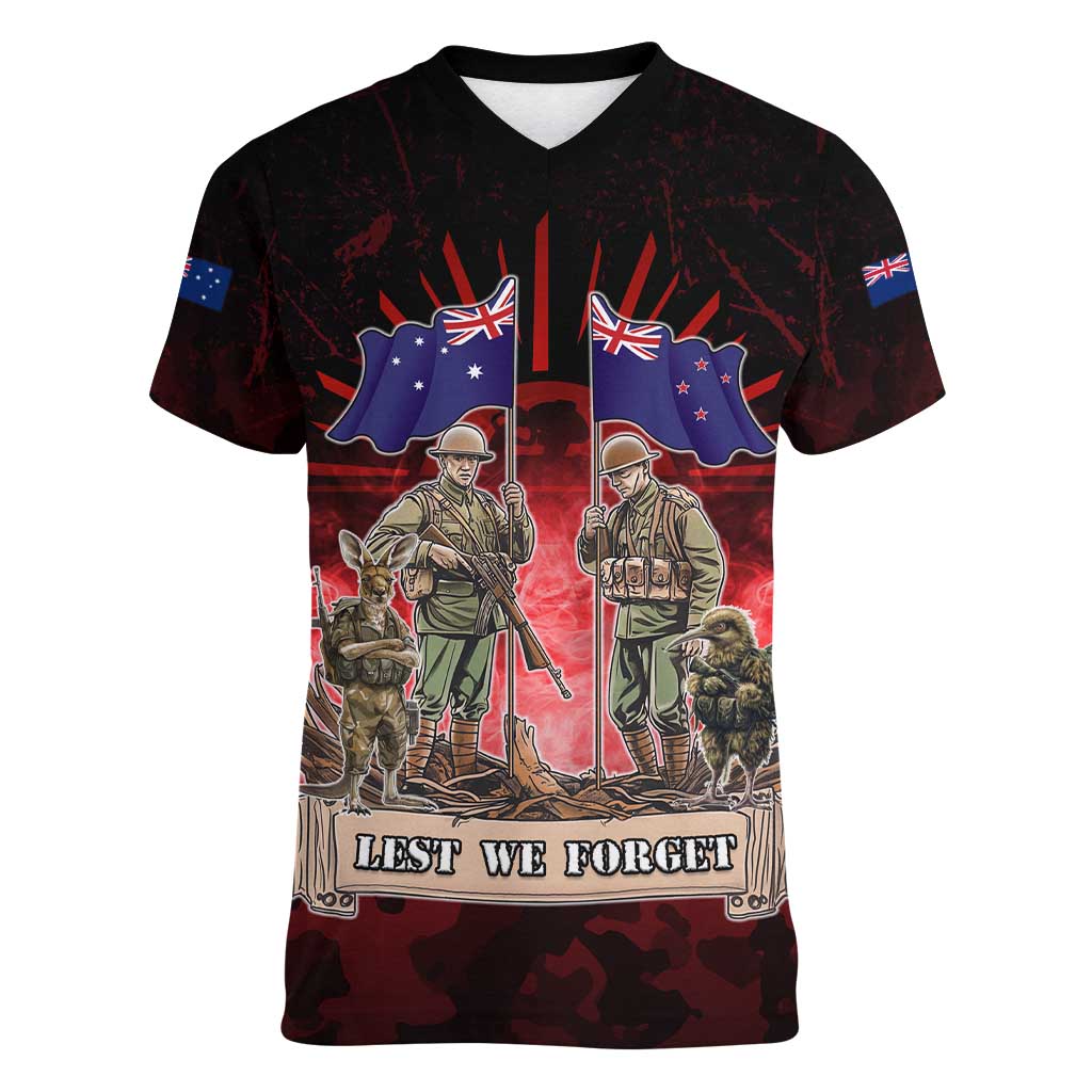 Australia And New Zealand ANZAC Day Women V-Neck T-Shirt Soldiers Lest We Forget LT05 Female Red - Polynesian Pride