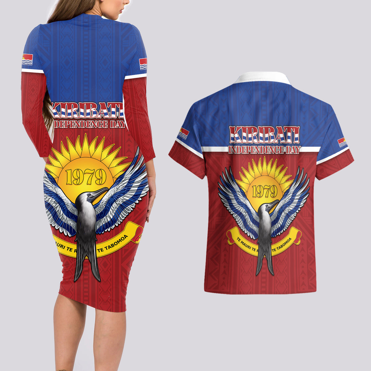 Kiribati 45th Independence Day Couples Matching Long Sleeve Bodycon Dress and Hawaiian Shirt Lesser Frigatebird Tribal Pattern LT05 - Polynesian Pride