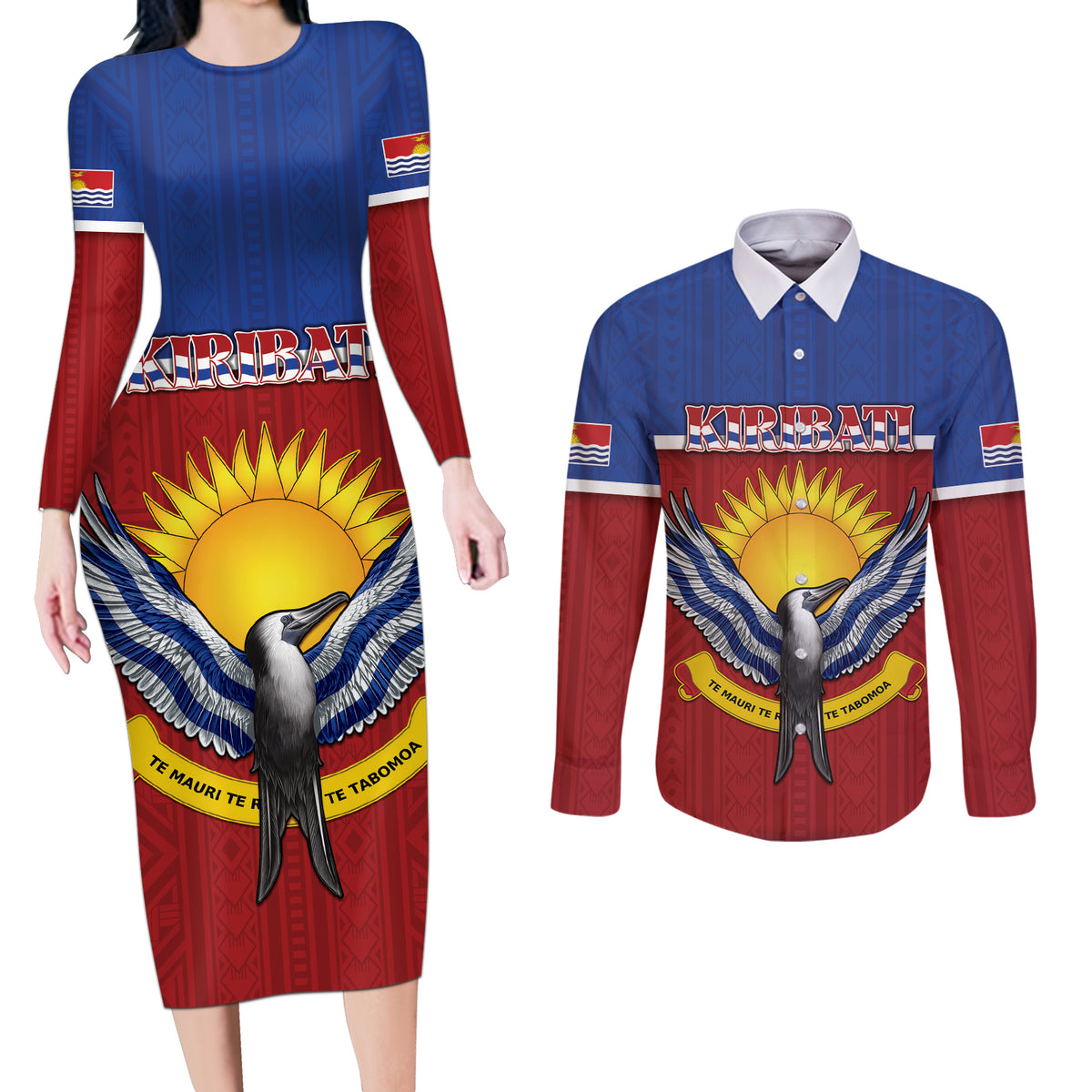 Kiribati 45th Independence Day Couples Matching Long Sleeve Bodycon Dress and Long Sleeve Button Shirt Lesser Frigatebird Tribal Pattern LT05 Red - Polynesian Pride