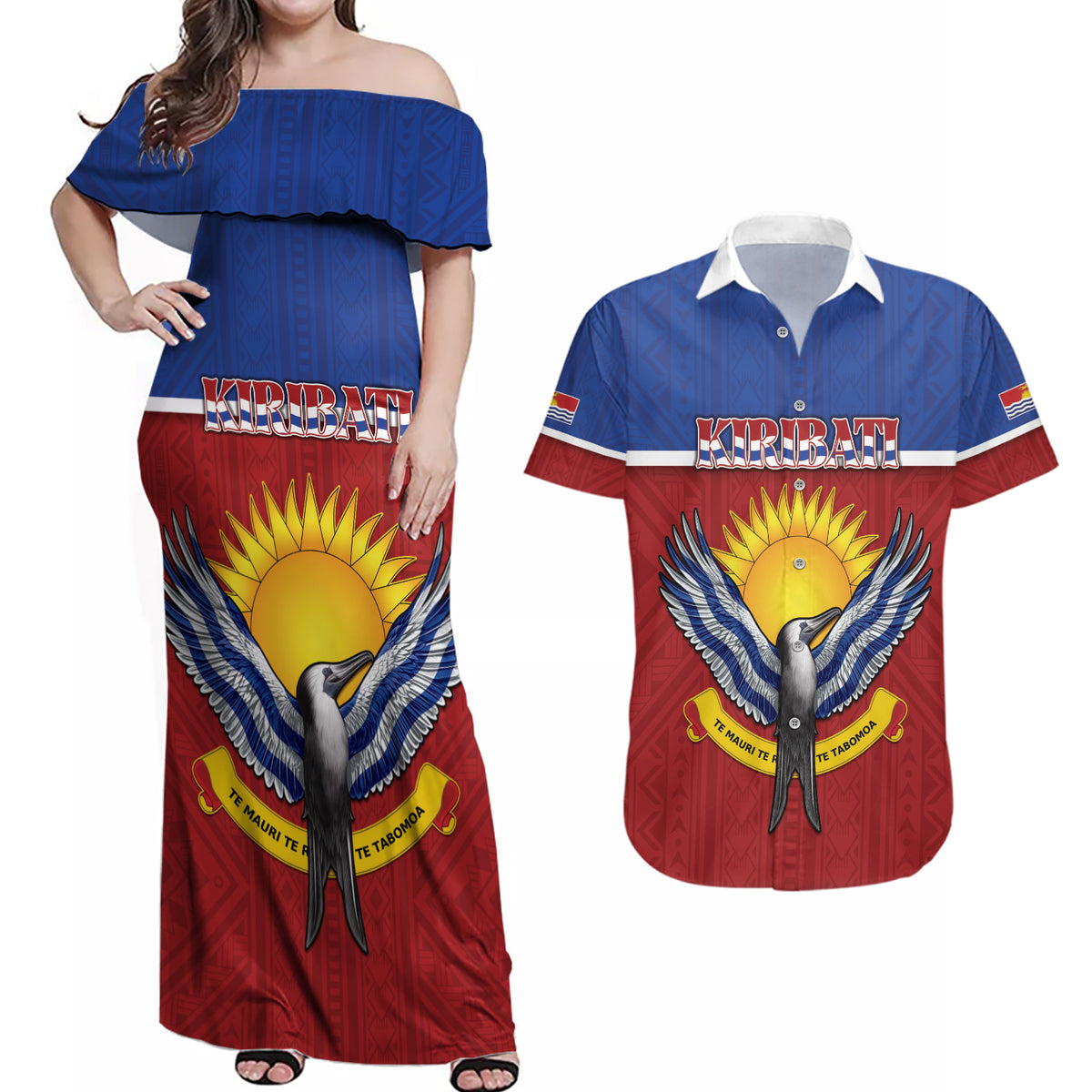 Kiribati 45th Independence Day Couples Matching Off Shoulder Maxi Dress and Hawaiian Shirt Lesser Frigatebird Tribal Pattern LT05 Red - Polynesian Pride