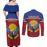 Kiribati 45th Independence Day Couples Matching Off Shoulder Maxi Dress and Long Sleeve Button Shirt Lesser Frigatebird Tribal Pattern