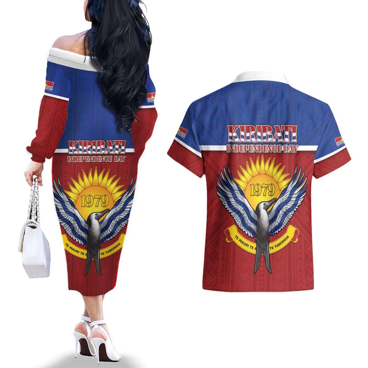 Kiribati 45th Independence Day Couples Matching Off The Shoulder Long Sleeve Dress and Hawaiian Shirt Lesser Frigatebird Tribal Pattern LT05 - Polynesian Pride