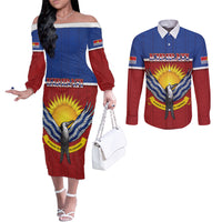 Kiribati 45th Independence Day Couples Matching Off The Shoulder Long Sleeve Dress and Long Sleeve Button Shirt Lesser Frigatebird Tribal Pattern LT05 Red - Polynesian Pride