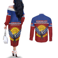 Kiribati 45th Independence Day Couples Matching Off The Shoulder Long Sleeve Dress and Long Sleeve Button Shirt Lesser Frigatebird Tribal Pattern LT05 - Polynesian Pride