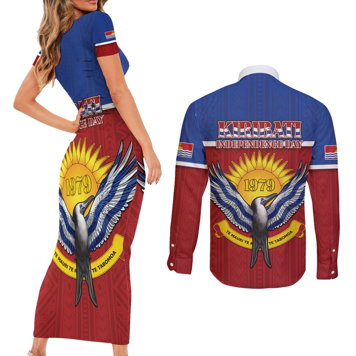 Kiribati 45th Independence Day Couples Matching Short Sleeve Bodycon Dress and Long Sleeve Button Shirt Lesser Frigatebird Tribal Pattern LT05 - Polynesian Pride