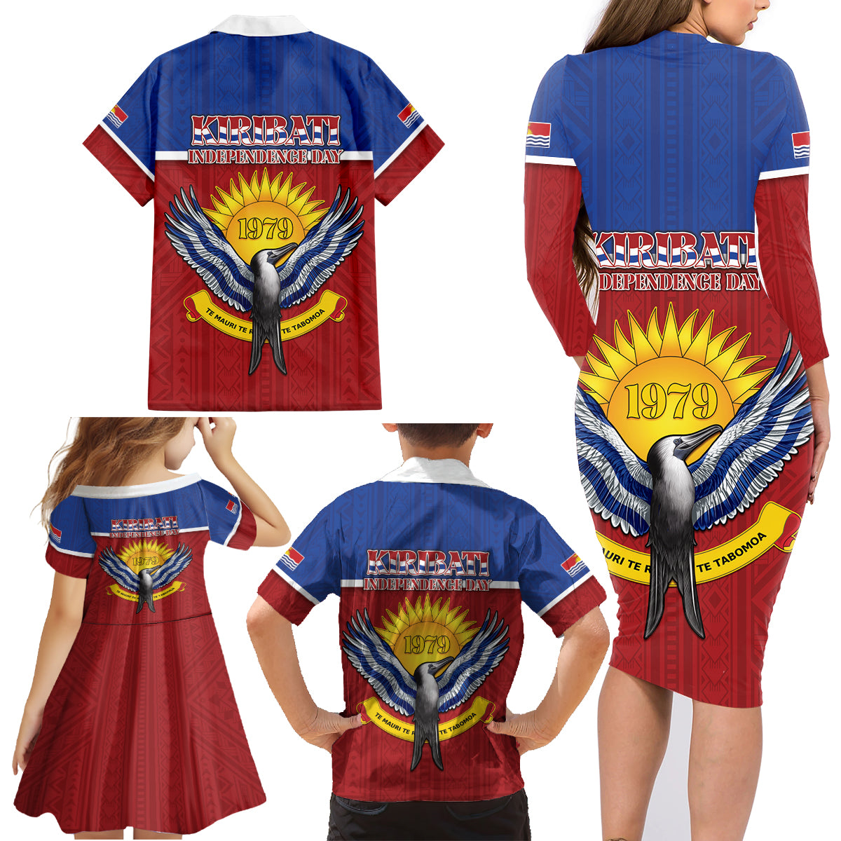 Kiribati 45th Independence Day Family Matching Long Sleeve Bodycon Dress and Hawaiian Shirt Lesser Frigatebird Tribal Pattern LT05 - Polynesian Pride