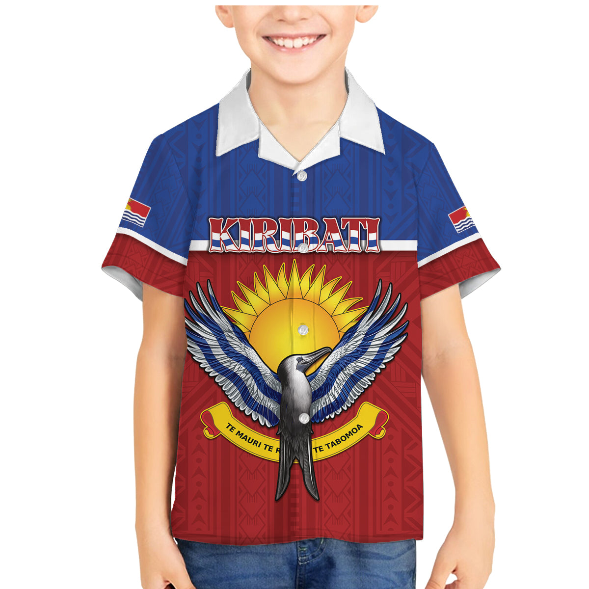 Kiribati 45th Independence Day Family Matching Mermaid Dress and Hawaiian Shirt Lesser Frigatebird Tribal Pattern LT05 Son's Shirt Red - Polynesian Pride