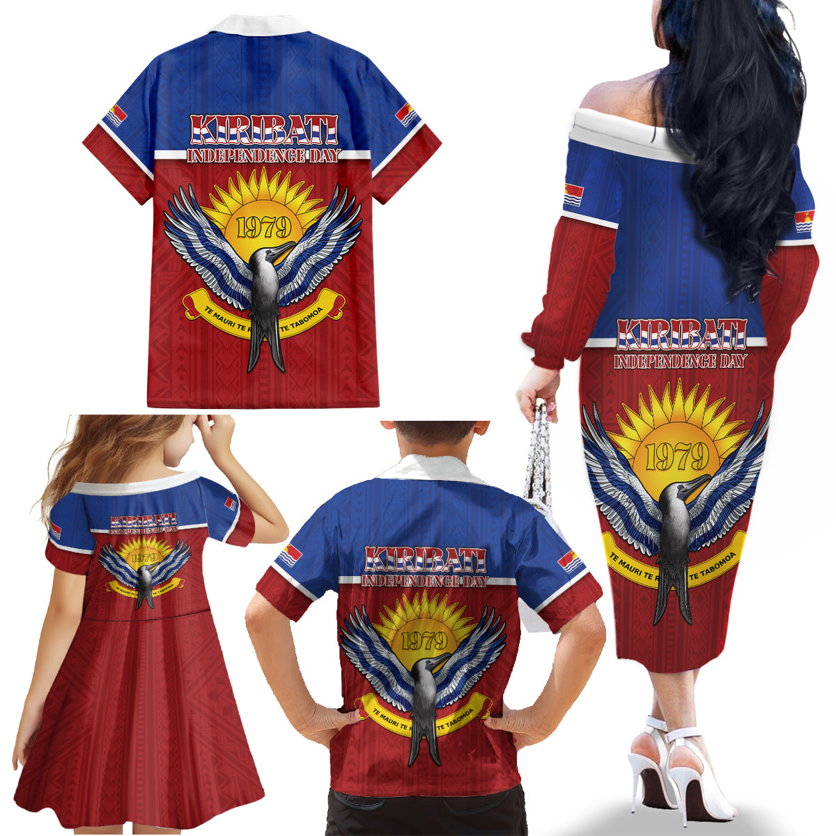 Kiribati 45th Independence Day Family Matching Off The Shoulder Long Sleeve Dress and Hawaiian Shirt Lesser Frigatebird Tribal Pattern LT05 - Polynesian Pride