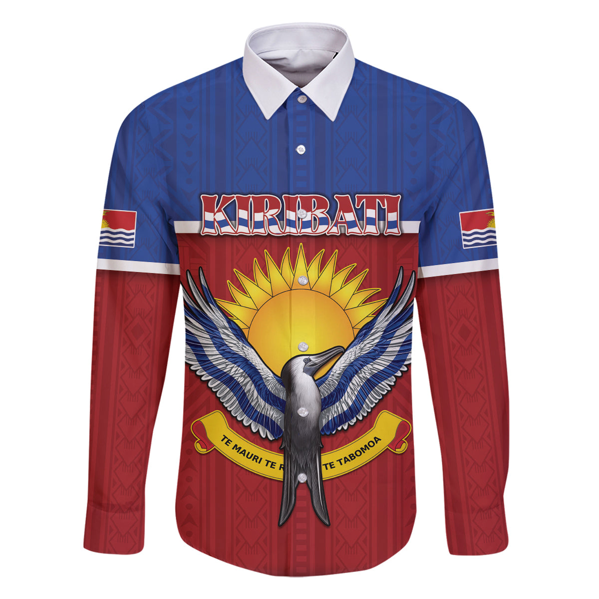 Kiribati 45th Independence Day Family Matching Off The Shoulder Long Sleeve Dress and Hawaiian Shirt Lesser Frigatebird Tribal Pattern LT05 Dad's Shirt - Long Sleeve Red - Polynesian Pride