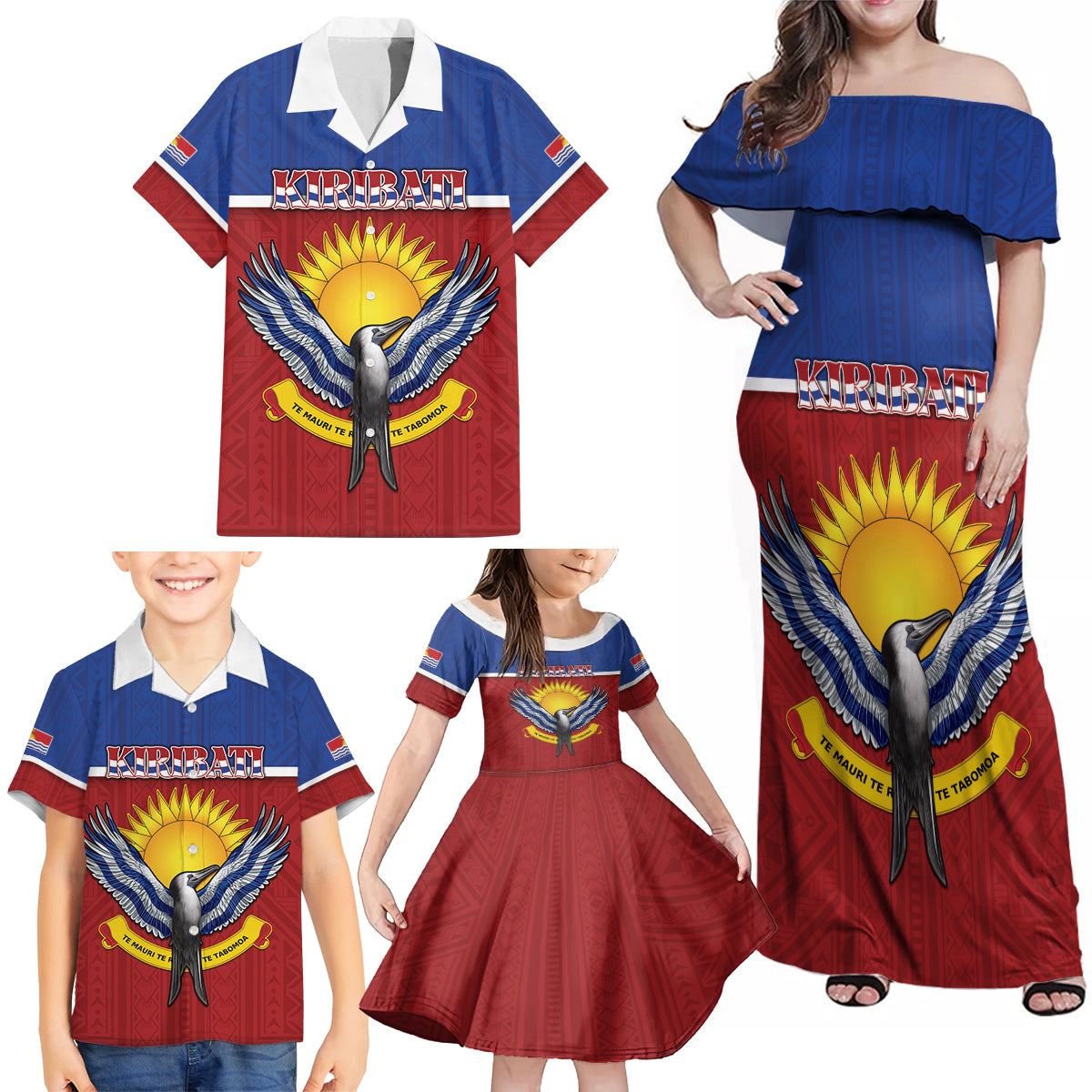 Kiribati 45th Independence Day Family Matching Off Shoulder Maxi Dress and Hawaiian Shirt Lesser Frigatebird Tribal Pattern LT05 - Polynesian Pride