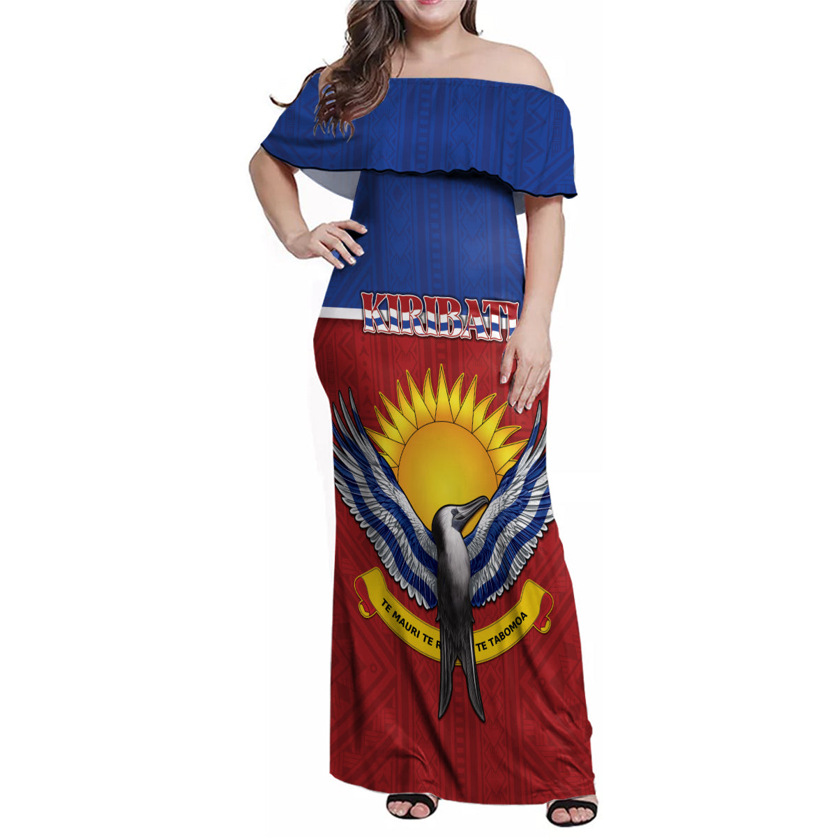 Kiribati 45th Independence Day Family Matching Off Shoulder Maxi Dress and Hawaiian Shirt Lesser Frigatebird Tribal Pattern LT05 Mom's Dress Red - Polynesian Pride