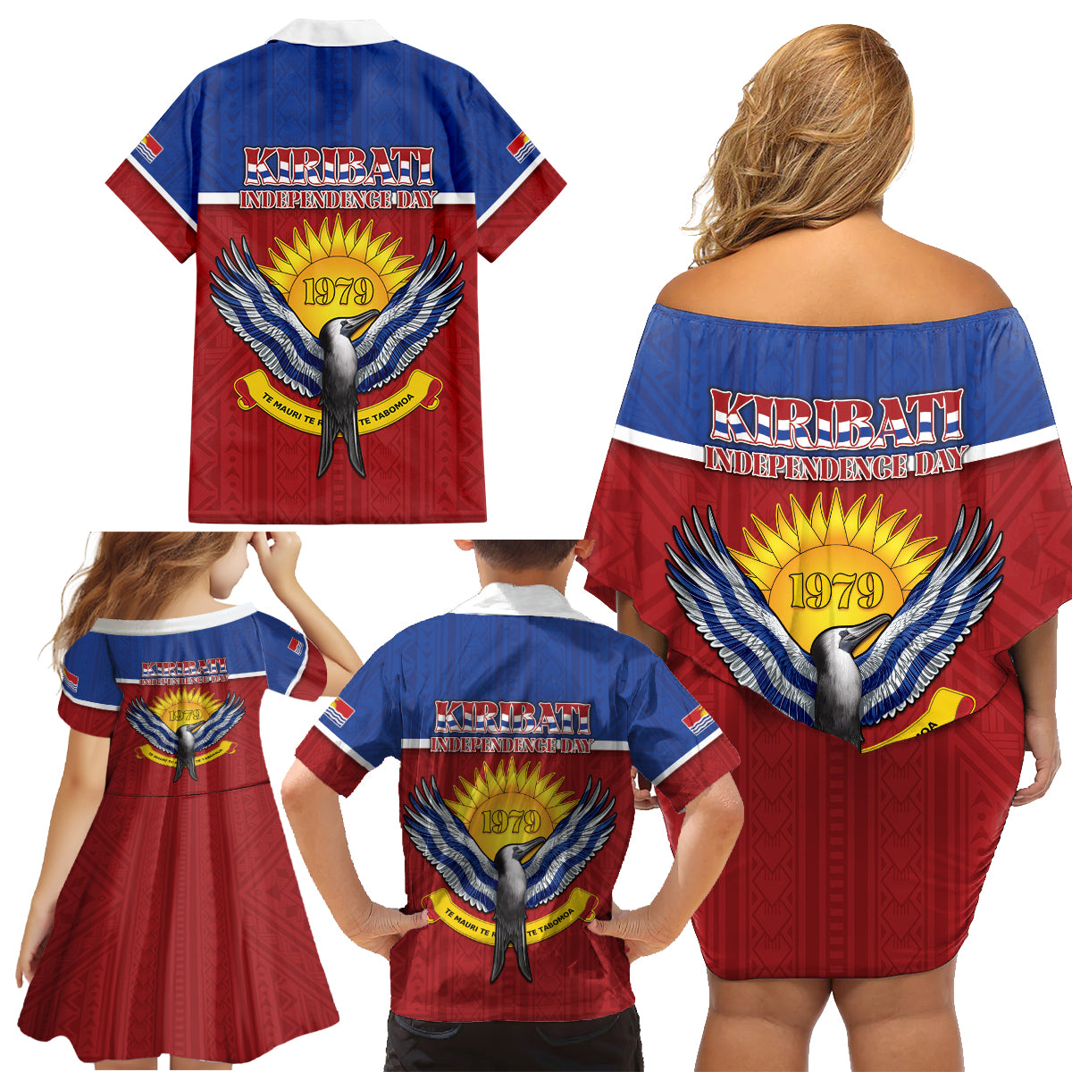 Kiribati 45th Independence Day Family Matching Off Shoulder Short Dress and Hawaiian Shirt Lesser Frigatebird Tribal Pattern LT05 - Polynesian Pride