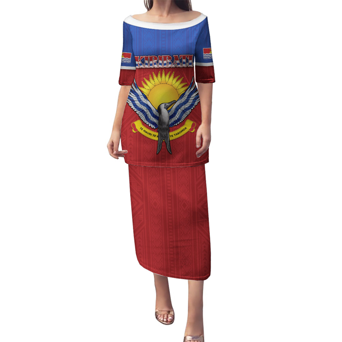 Kiribati 45th Independence Day Family Matching Puletasi and Hawaiian Shirt Lesser Frigatebird Tribal Pattern LT05 Mom's Dress Red - Polynesian Pride