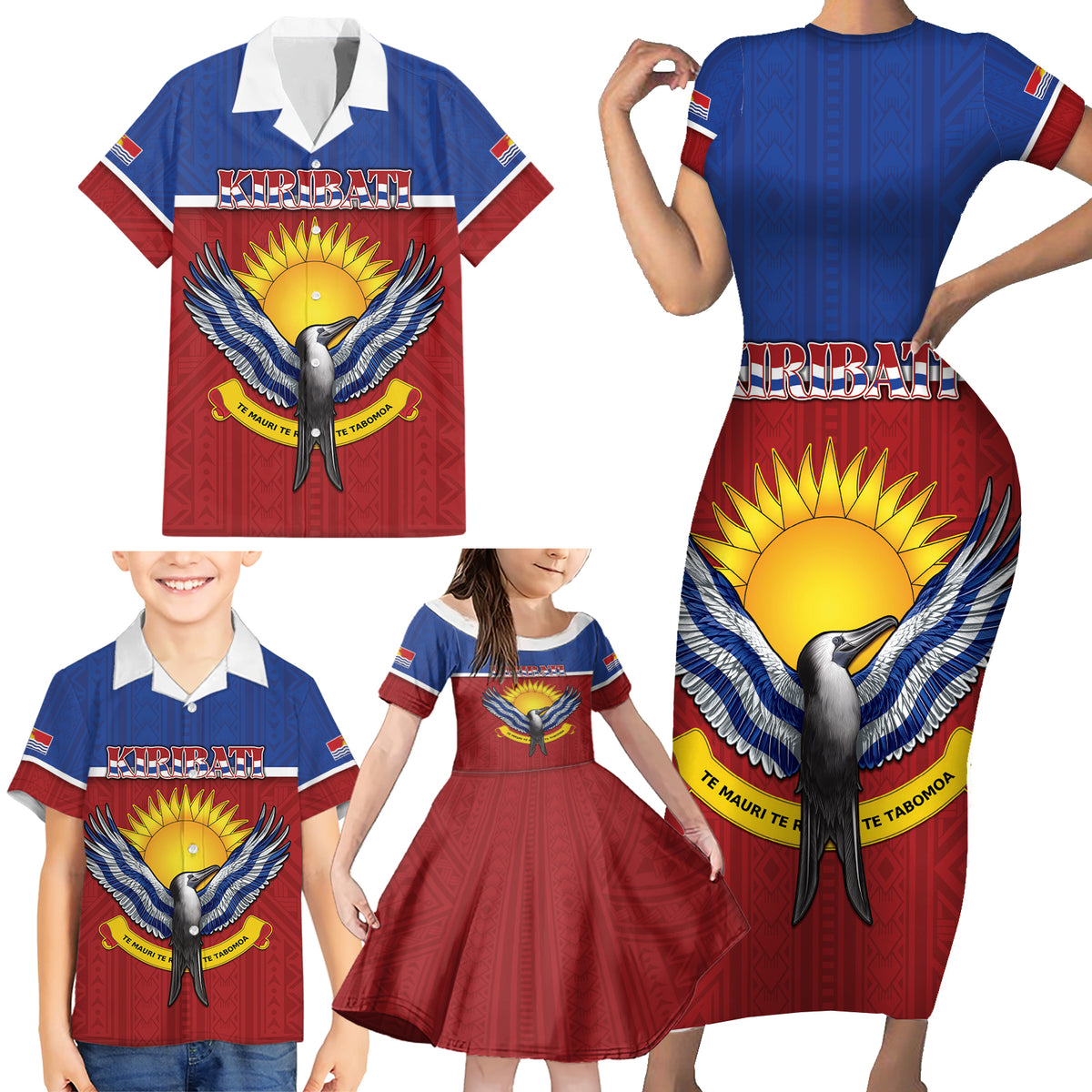 Kiribati 45th Independence Day Family Matching Short Sleeve Bodycon Dress and Hawaiian Shirt Lesser Frigatebird Tribal Pattern LT05 - Polynesian Pride