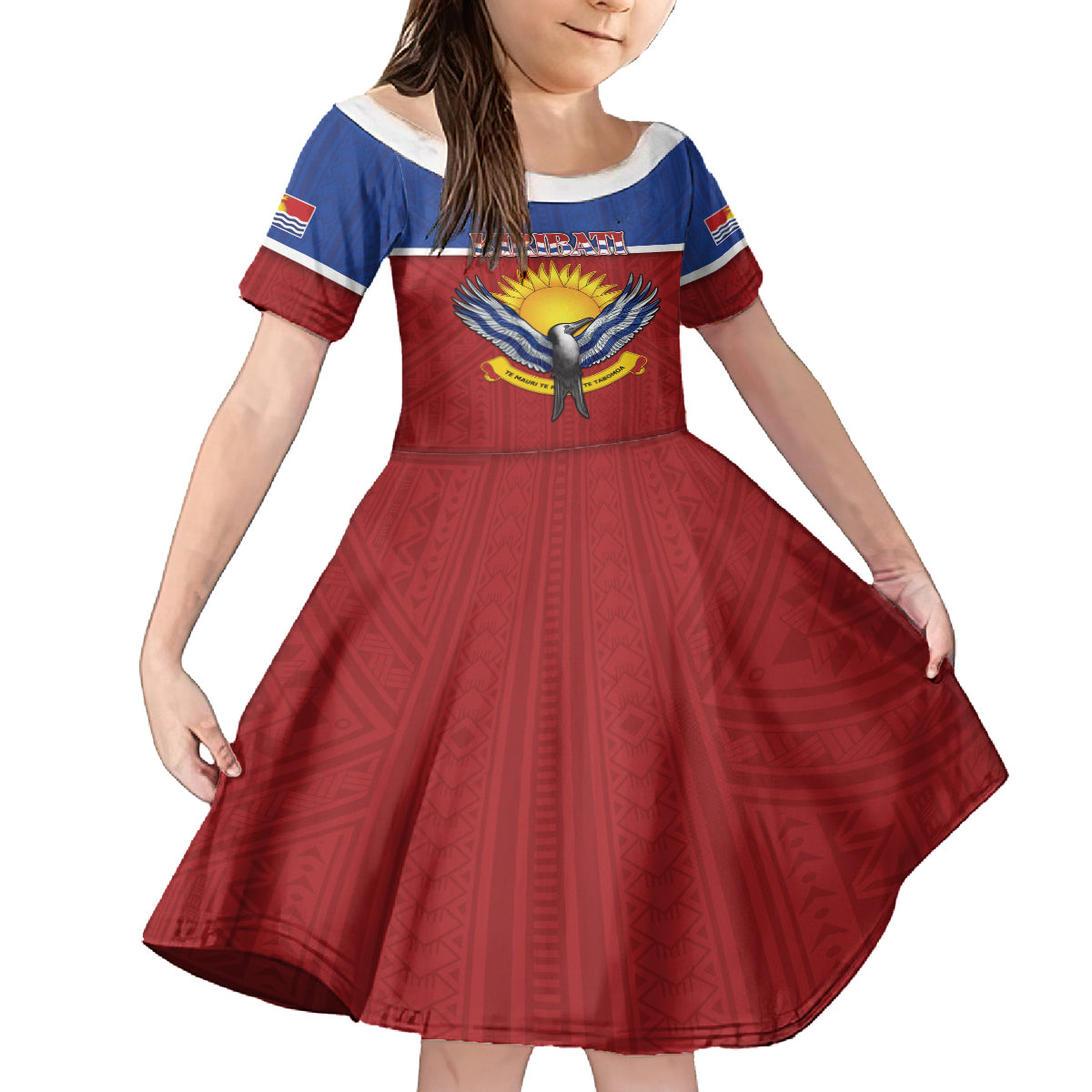 Kiribati 45th Independence Day Family Matching Summer Maxi Dress and Hawaiian Shirt Lesser Frigatebird Tribal Pattern LT05 Daughter's Dress Red - Polynesian Pride
